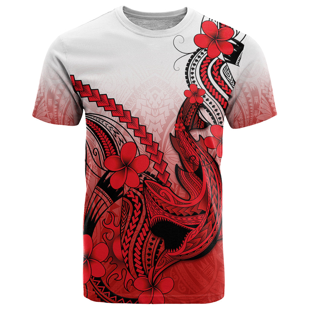 Hawaii T Shirt Polynesian Shark Tattoo With Plumeria Red Gradient LT14 Red - Polynesian Pride