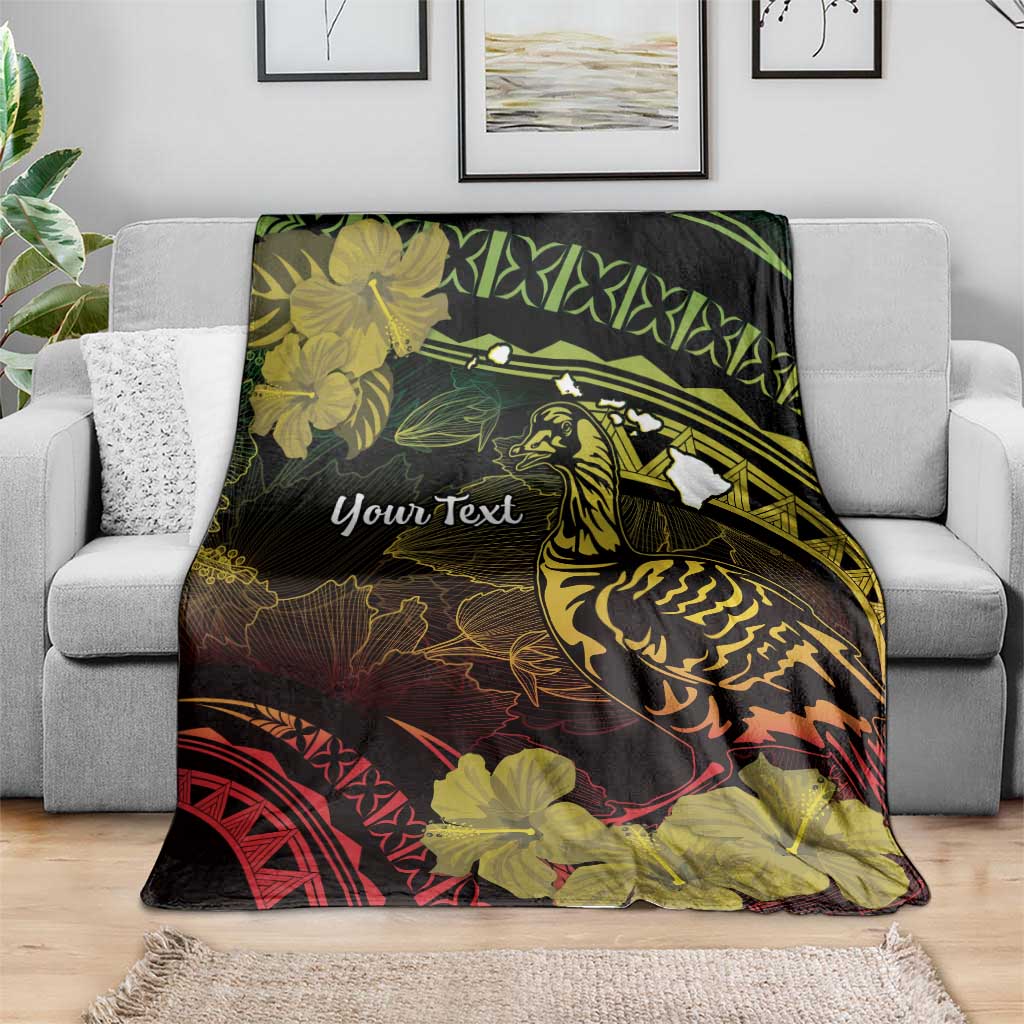 Personalised Hawaii Nene Goose Blanket Hawaiian Map Hibiscus Polynesian Art - Reggae Gradient