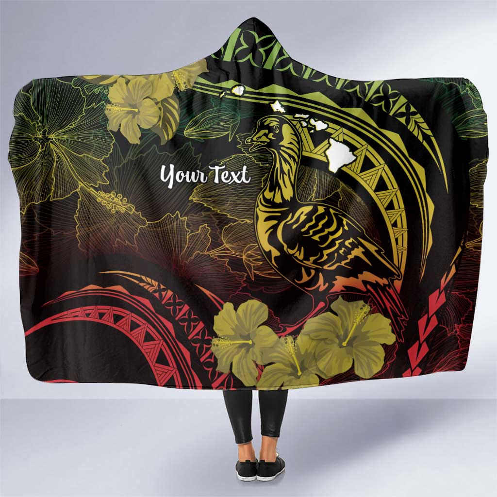 Personalised Hawaii Nene Goose Hooded Blanket Hawaiian Map Hibiscus Polynesian Art - Reggae Gradient