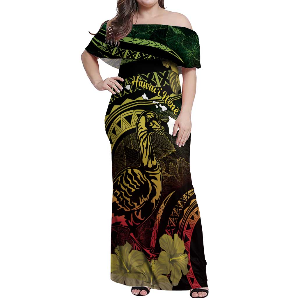 Personalised Hawaii Nene Goose Off Shoulder Maxi Dress Hawaiian Map Hibiscus Polynesian Art - Reggae Gradient LT14 Women Reggae - Polynesian Pride