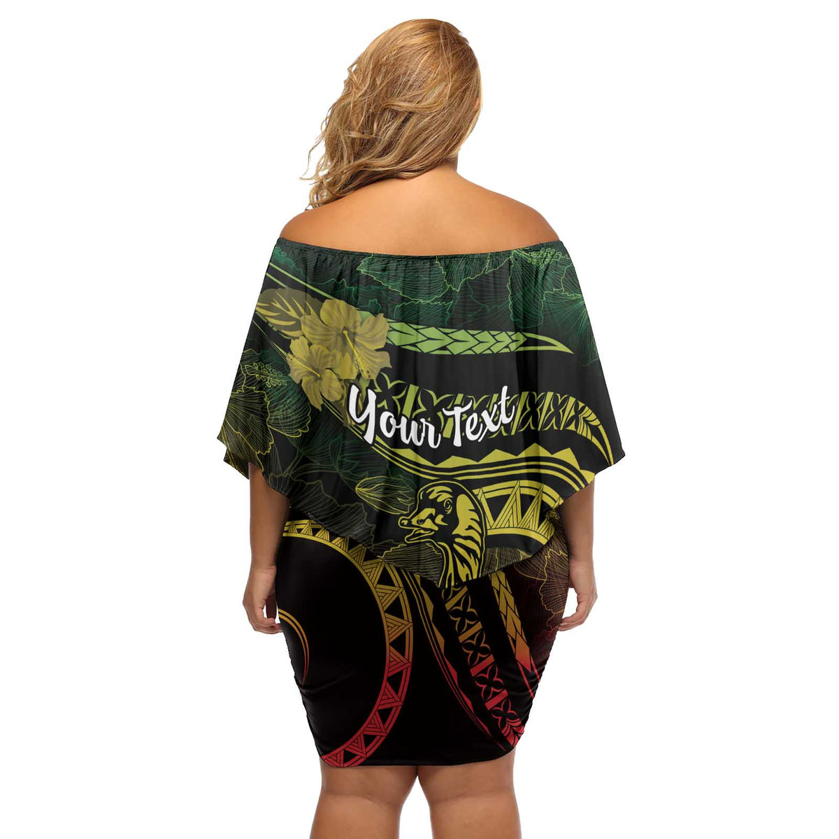 Personalised Hawaii Nene Goose Off Shoulder Short Dress Hawaiian Map Hibiscus Polynesian Art - Reggae Gradient LT14 - Polynesian Pride