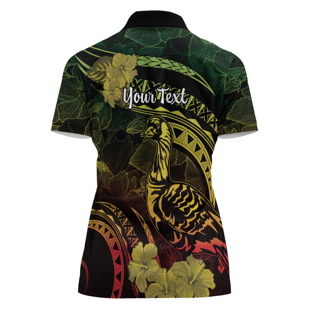 Personalised Hawaii Nene Goose Women Polo Shirt Hawaiian Map Hibiscus Polynesian Art - Reggae Gradient LT14 - Polynesian Pride
