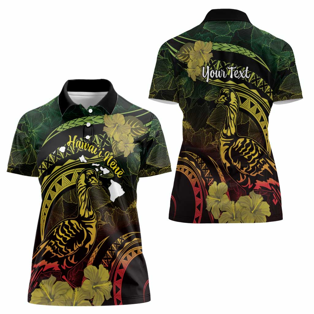 Personalised Hawaii Nene Goose Women Polo Shirt Hawaiian Map Hibiscus Polynesian Art - Reggae Gradient LT14 - Polynesian Pride