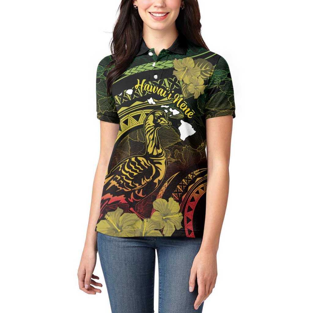 Personalised Hawaii Nene Goose Women Polo Shirt Hawaiian Map Hibiscus Polynesian Art - Reggae Gradient LT14 - Polynesian Pride