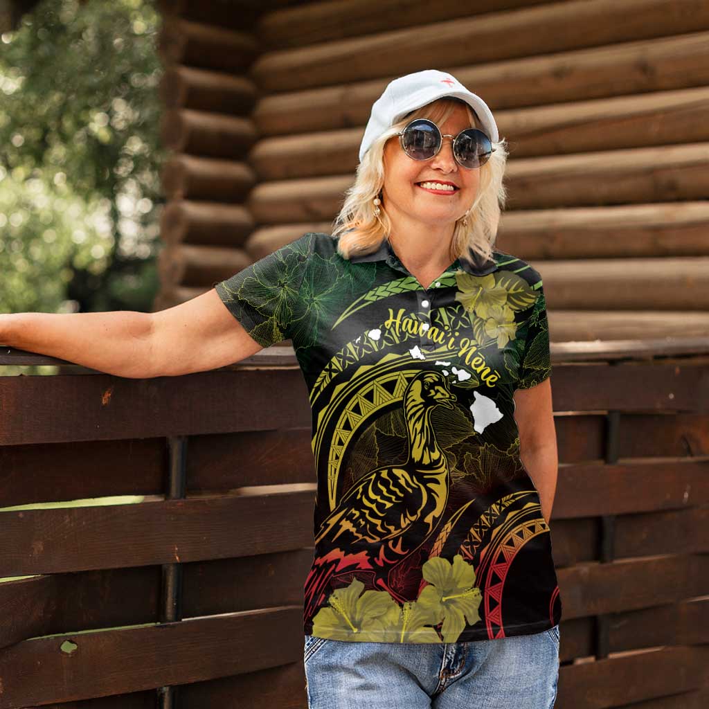 Personalised Hawaii Nene Goose Women Polo Shirt Hawaiian Map Hibiscus Polynesian Art - Reggae Gradient LT14 - Polynesian Pride