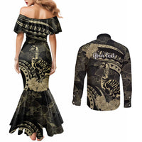 Personalised Hawaii Nene Goose Couples Matching Mermaid Dress and Long Sleeve Button Shirt Hawaiian Map Hibiscus Polynesian Art - Beige