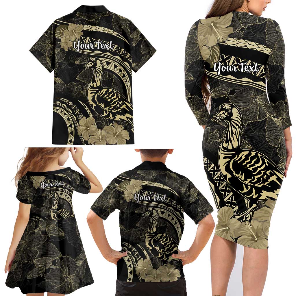 Personalised Hawaii Nene Goose Family Matching Long Sleeve Bodycon Dress and Hawaiian Shirt Hawaiian Map Hibiscus Polynesian Art - Beige