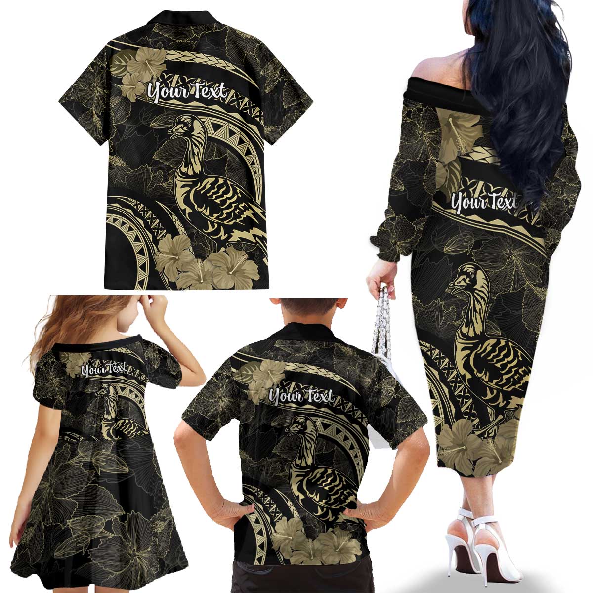 Personalised Hawaii Nene Goose Family Matching Off The Shoulder Long Sleeve Dress and Hawaiian Shirt Hawaiian Map Hibiscus Polynesian Art - Beige