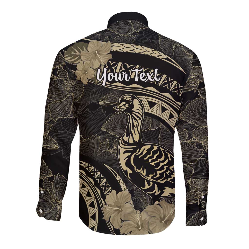 Personalised Hawaii Nene Goose Long Sleeve Button Shirt Hawaiian Map Hibiscus Polynesian Art - Beige