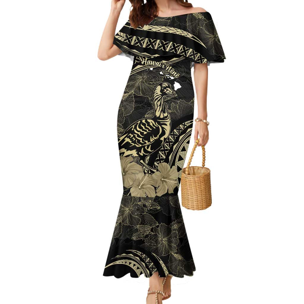Personalised Hawaii Nene Goose Mermaid Dress Hawaiian Map Hibiscus Polynesian Art - Beige LT14 Women Beige - Polynesian Pride