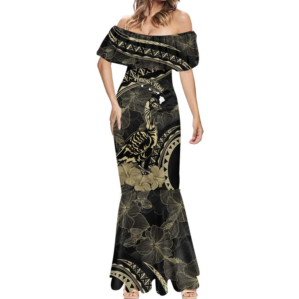Personalised Hawaii Nene Goose Mermaid Dress Hawaiian Map Hibiscus Polynesian Art - Beige LT14 - Polynesian Pride