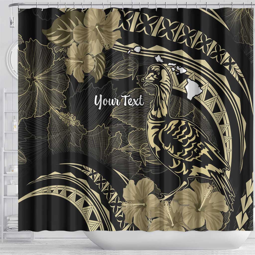 Personalised Hawaii Nene Goose Shower Curtain Hawaiian Map Hibiscus Polynesian Art - Beige