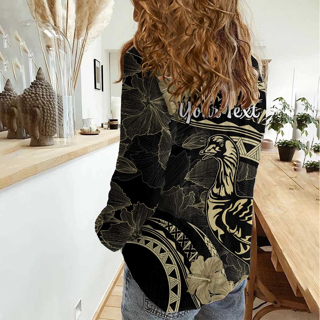 Personalised Hawaii Nene Goose Women Casual Shirt Hawaiian Map Hibiscus Polynesian Art - Beige