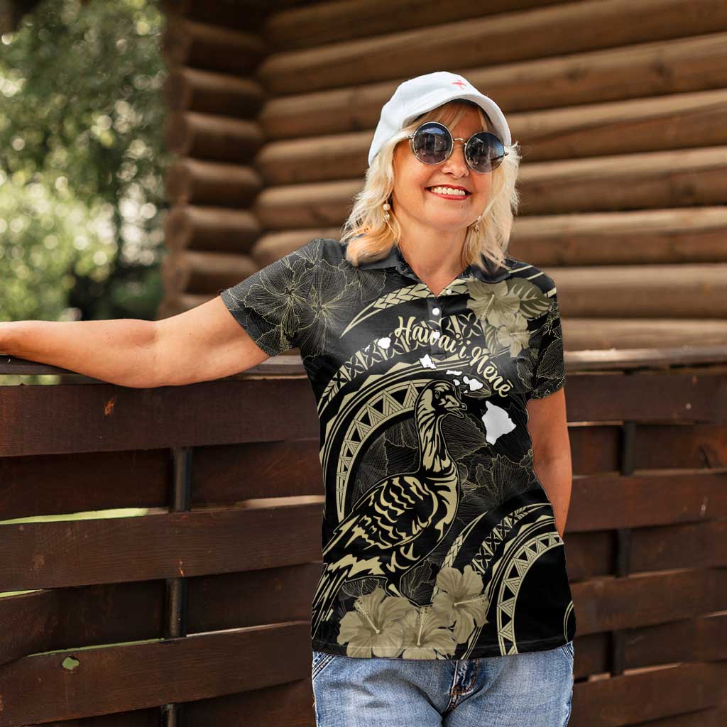 Personalised Hawaii Nene Goose Women Polo Shirt Hawaiian Map Hibiscus Polynesian Art - Beige LT14 - Polynesian Pride