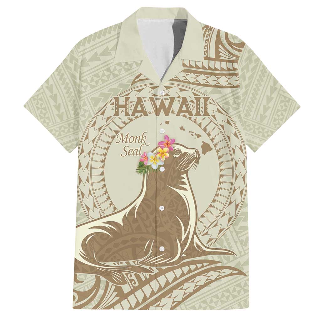 Personalised Hawaii Monk Seal Family Matching Long Sleeve Bodycon Dress and Hawaiian Shirt Polynesian Tattoo With Tropical Flowers - Beige Pastel
