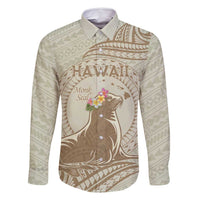 Personalised Hawaii Monk Seal Family Matching Long Sleeve Bodycon Dress and Hawaiian Shirt Polynesian Tattoo With Tropical Flowers - Beige Pastel