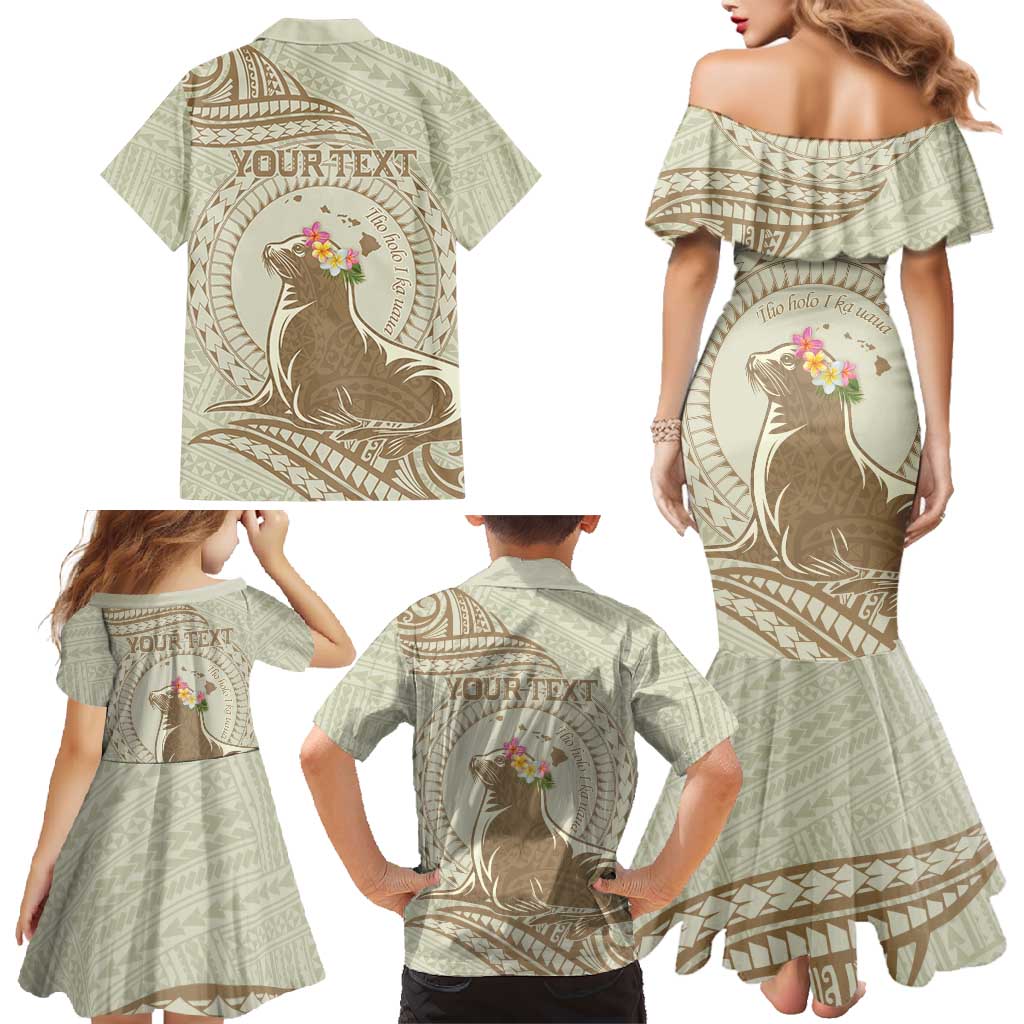 Personalised Hawaii Monk Seal Family Matching Mermaid Dress and Hawaiian Shirt Polynesian Tattoo With Tropical Flowers - Beige Pastel