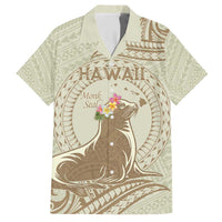 Personalised Hawaii Monk Seal Family Matching Short Sleeve Bodycon Dress and Hawaiian Shirt Polynesian Tattoo With Tropical Flowers - Beige Pastel