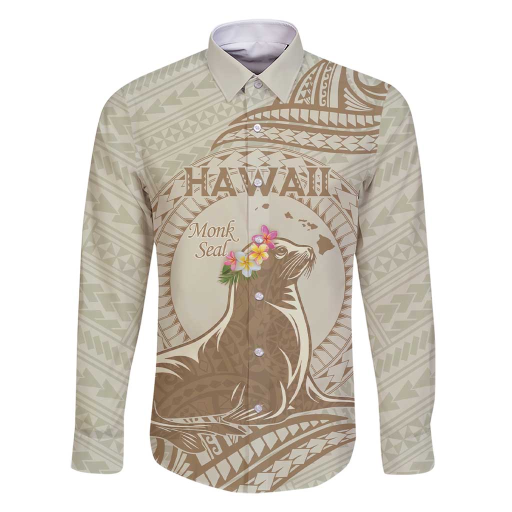 Personalised Hawaii Monk Seal Family Matching Short Sleeve Bodycon Dress and Hawaiian Shirt Polynesian Tattoo With Tropical Flowers - Beige Pastel