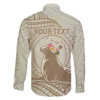 Personalised Hawaii Monk Seal Family Matching Summer Maxi Dress and Hawaiian Shirt Polynesian Tattoo With Tropical Flowers - Beige Pastel