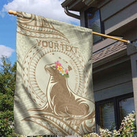 Personalised Hawaii Monk Seal Garden Flag Polynesian Tattoo With Tropical Flowers - Beige Pastel