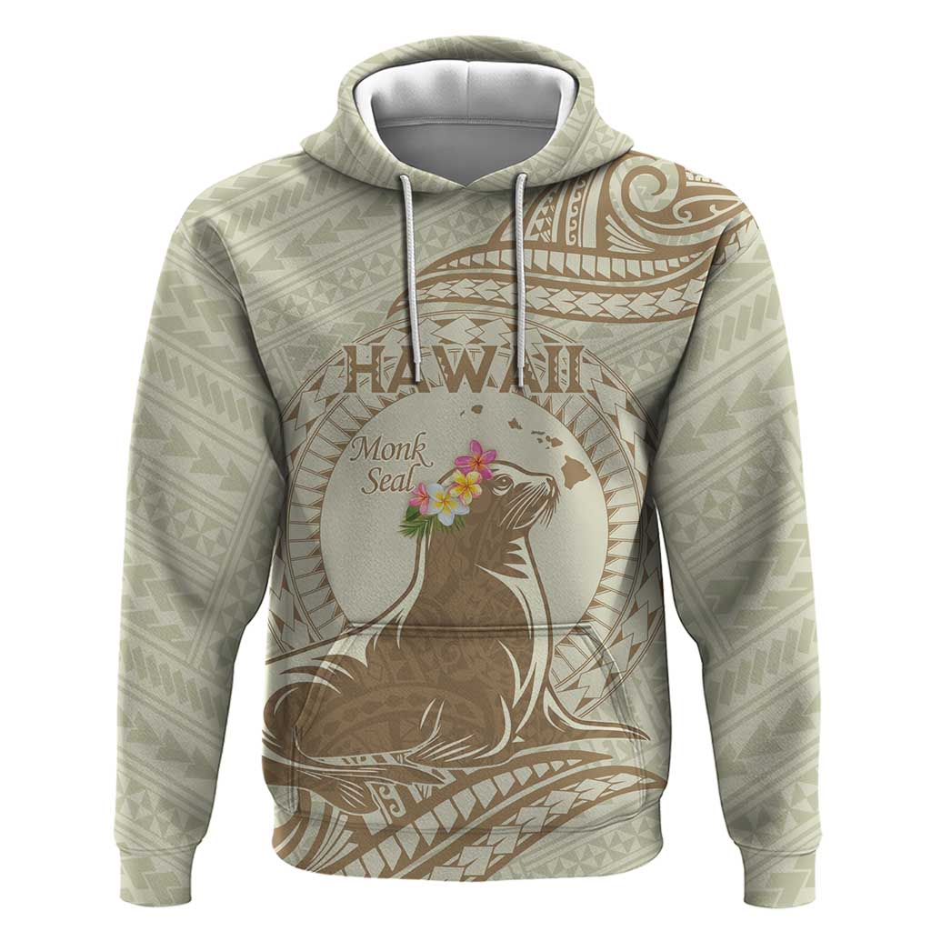 Personalised Hawaii Monk Seal Hoodie Polynesian Tattoo With Tropical Flowers - Beige Pastel