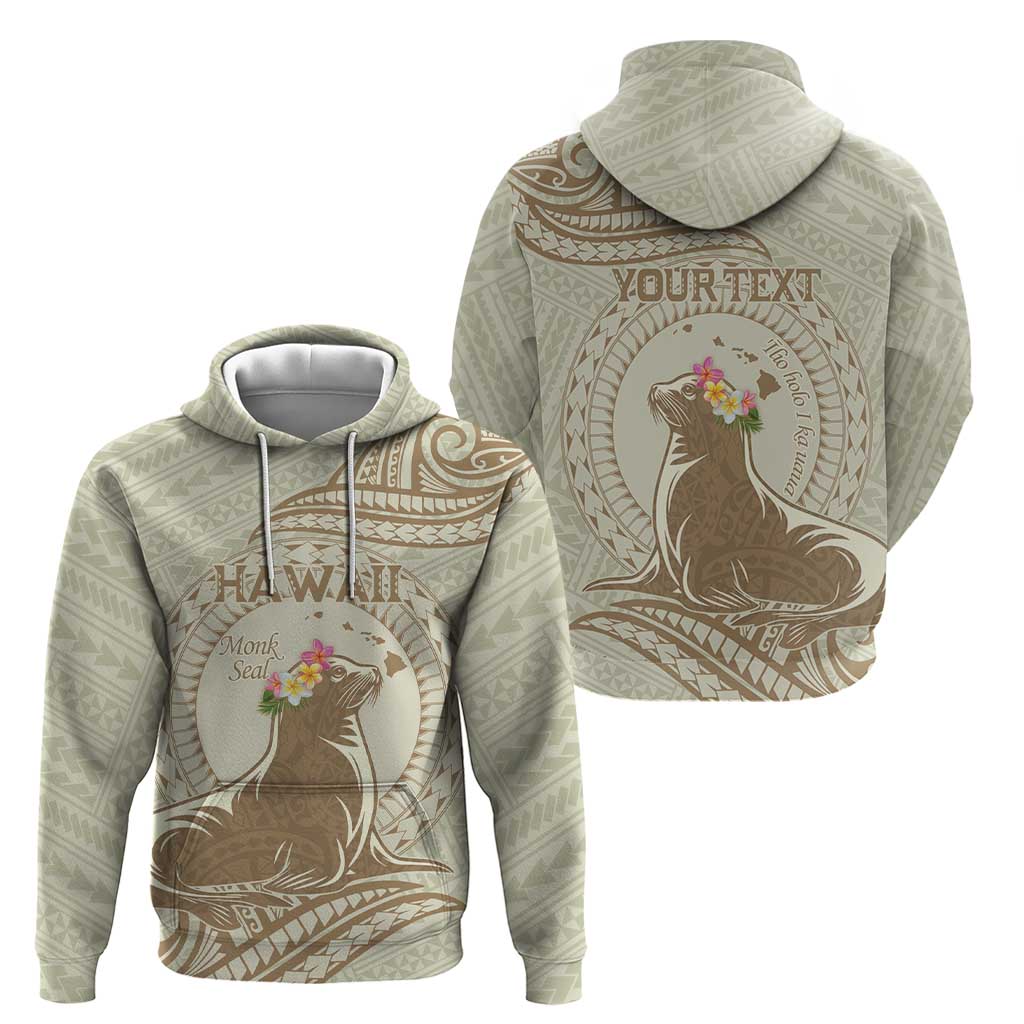 Personalised Hawaii Monk Seal Hoodie Polynesian Tattoo With Tropical Flowers - Beige Pastel