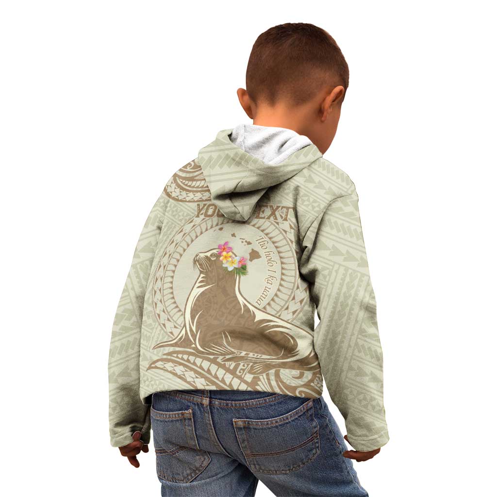 Personalised Hawaii Monk Seal Kid Hoodie Polynesian Tattoo With Tropical Flowers - Beige Pastel