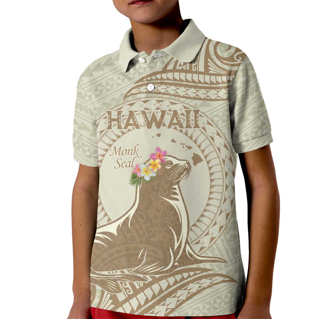 Personalised Hawaii Monk Seal Kid Polo Shirt Polynesian Tattoo With Tropical Flowers - Beige Pastel LT14 Kid Beige - Polynesian Pride