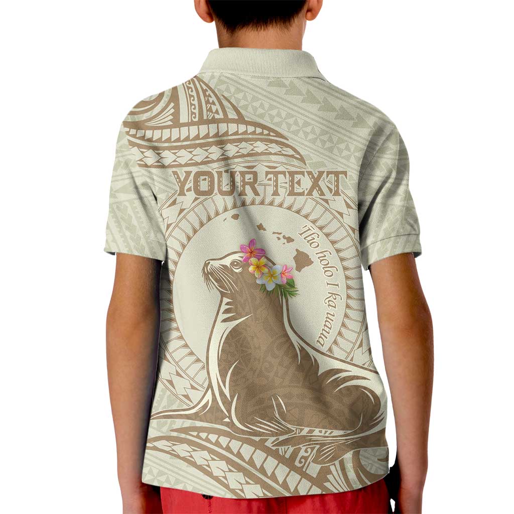 Personalised Hawaii Monk Seal Kid Polo Shirt Polynesian Tattoo With Tropical Flowers - Beige Pastel LT14 - Polynesian Pride