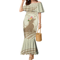 Personalised Hawaii Monk Seal Mermaid Dress Polynesian Tattoo With Tropical Flowers - Beige Pastel LT14 Women Beige - Polynesian Pride