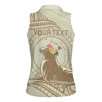 Personalised Hawaii Monk Seal Women Sleeveless Polo Shirt Polynesian Tattoo With Tropical Flowers - Beige Pastel LT14 - Polynesian Pride