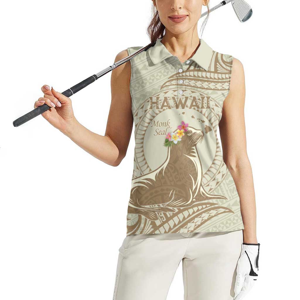 Personalised Hawaii Monk Seal Women Sleeveless Polo Shirt Polynesian Tattoo With Tropical Flowers - Beige Pastel LT14 - Polynesian Pride