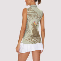 Personalised Hawaii Monk Seal Women Sleeveless Polo Shirt Polynesian Tattoo With Tropical Flowers - Beige Pastel LT14 - Polynesian Pride