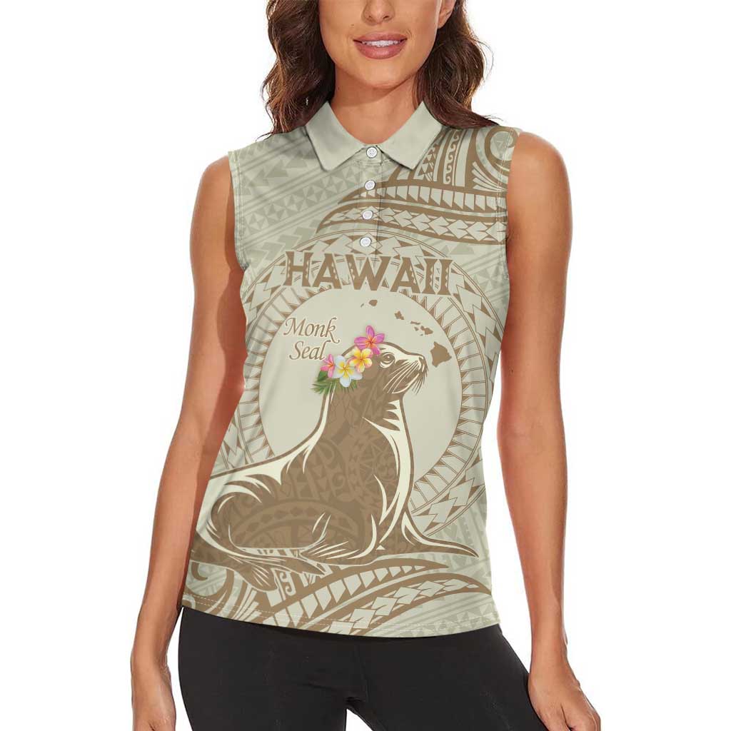Personalised Hawaii Monk Seal Women Sleeveless Polo Shirt Polynesian Tattoo With Tropical Flowers - Beige Pastel LT14 - Polynesian Pride