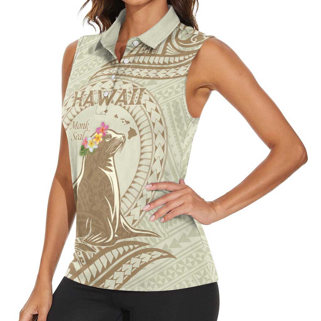 Personalised Hawaii Monk Seal Women Sleeveless Polo Shirt Polynesian Tattoo With Tropical Flowers - Beige Pastel LT14 - Polynesian Pride