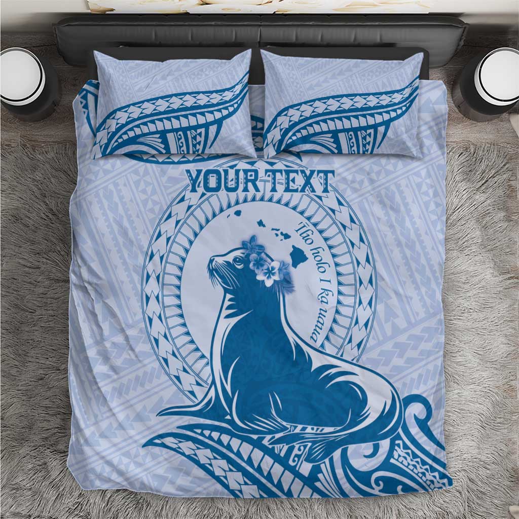 Personalised Hawaii Monk Seal Bedding Set Polynesian Tattoo With Tropical Flowers - Blue Pastel