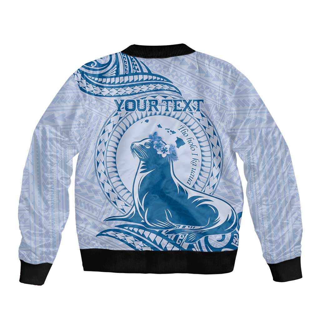 Personalised Hawaii Monk Seal Bomber Jacket Polynesian Tattoo With Tropical Flowers - Blue Pastel LT14 - Polynesian Pride
