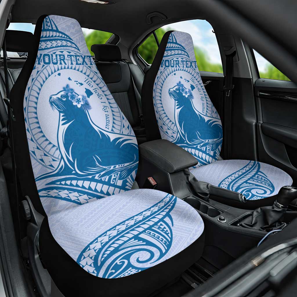 Personalised Hawaii Monk Seal Car Seat Cover Polynesian Tattoo With Tropical Flowers - Blue Pastel