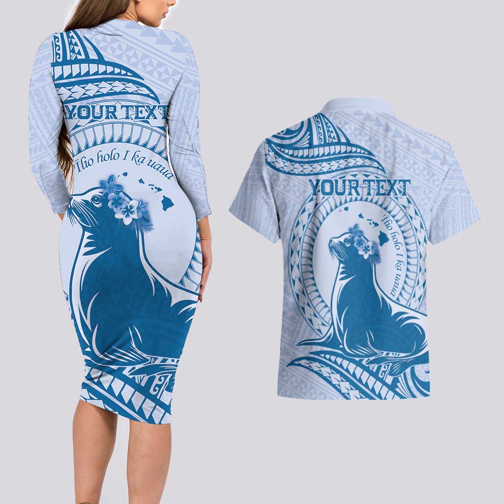 Personalised Hawaii Monk Seal Couples Matching Long Sleeve Bodycon Dress and Hawaiian Shirt Polynesian Tattoo With Tropical Flowers - Blue Pastel
