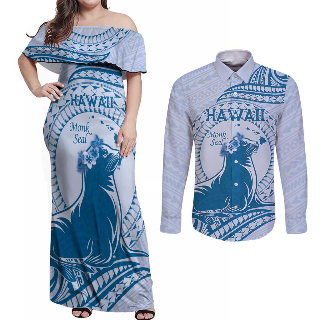 Personalised Hawaii Monk Seal Couples Matching Off Shoulder Maxi Dress and Long Sleeve Button Shirt Polynesian Tattoo With Tropical Flowers - Blue Pastel