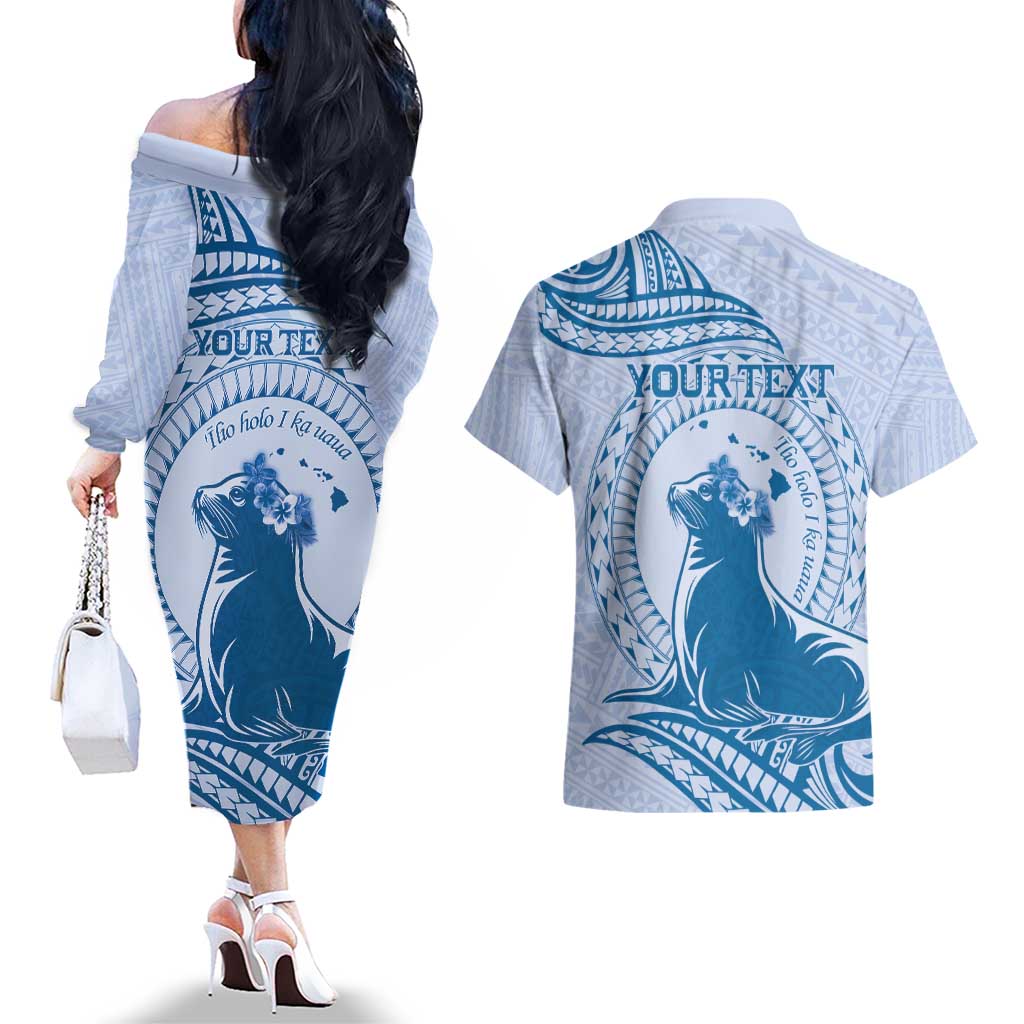 Personalised Hawaii Monk Seal Couples Matching Off The Shoulder Long Sleeve Dress and Hawaiian Shirt Polynesian Tattoo With Tropical Flowers - Blue Pastel