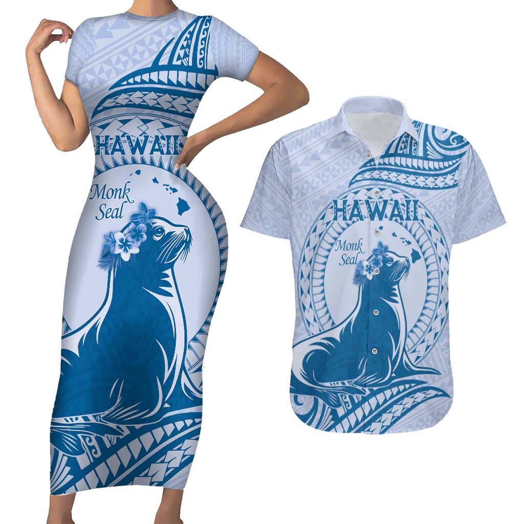 Personalised Hawaii Monk Seal Couples Matching Short Sleeve Bodycon Dress and Hawaiian Shirt Polynesian Tattoo With Tropical Flowers - Blue Pastel