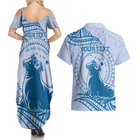 Personalised Hawaii Monk Seal Couples Matching Summer Maxi Dress and Hawaiian Shirt Polynesian Tattoo With Tropical Flowers - Blue Pastel
