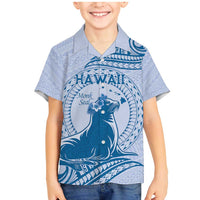 Personalised Hawaii Monk Seal Family Matching Mermaid Dress and Hawaiian Shirt Polynesian Tattoo With Tropical Flowers - Blue Pastel