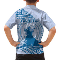 Personalised Hawaii Monk Seal Family Matching Puletasi and Hawaiian Shirt Polynesian Tattoo With Tropical Flowers - Blue Pastel LT14 - Polynesian Pride