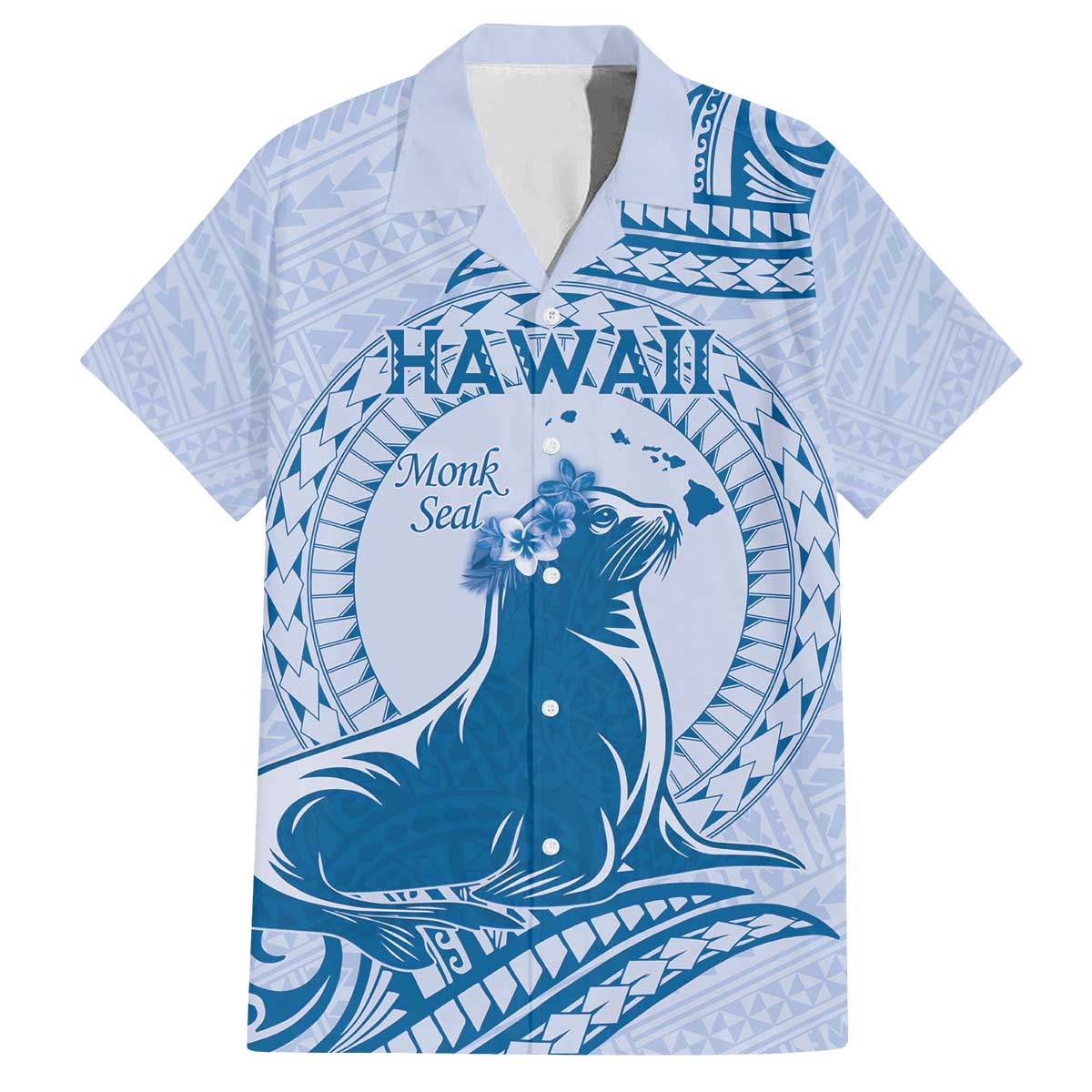 Personalised Hawaii Monk Seal Family Matching Puletasi and Hawaiian Shirt Polynesian Tattoo With Tropical Flowers - Blue Pastel LT14 Dad's Shirt - Short Sleeve Blue - Polynesian Pride
