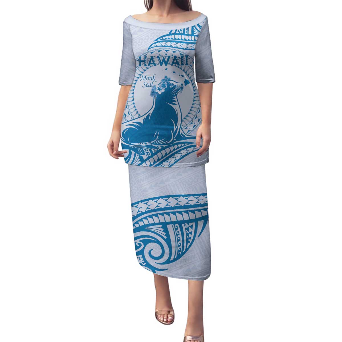 Personalised Hawaii Monk Seal Family Matching Puletasi and Hawaiian Shirt Polynesian Tattoo With Tropical Flowers - Blue Pastel LT14 Mom's Dress Blue - Polynesian Pride