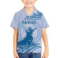 Personalised Hawaii Monk Seal Family Matching Puletasi and Hawaiian Shirt Polynesian Tattoo With Tropical Flowers - Blue Pastel LT14 Son's Shirt Blue - Polynesian Pride