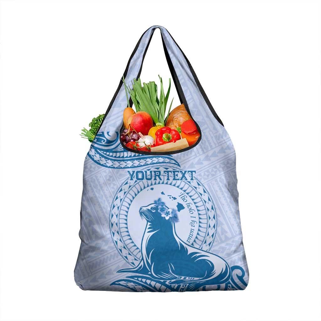 Personalised Hawaii Monk Seal Grocery Bag Polynesian Tattoo With Tropical Flowers - Blue Pastel